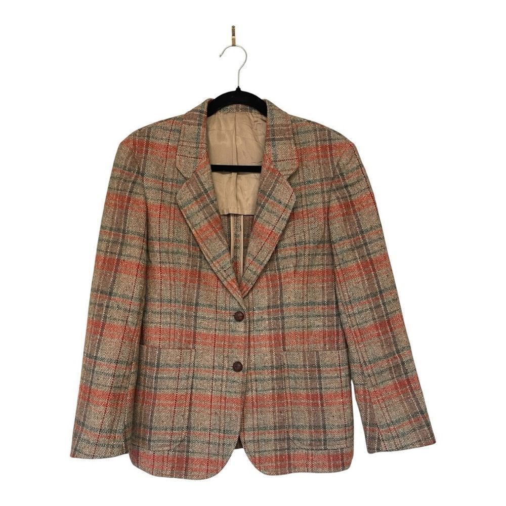 Vintage Plaid Tweed Blazer Size 8 Academic Brown Orange Classic